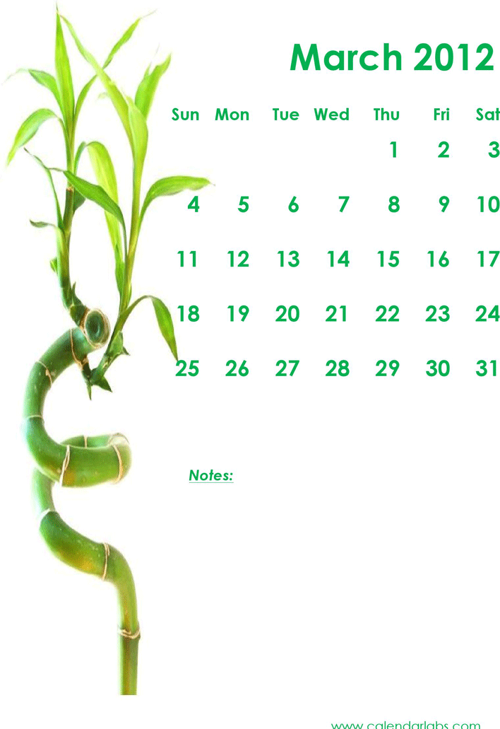 2012 Monthly Green Bamboo Calendar Template Page 3