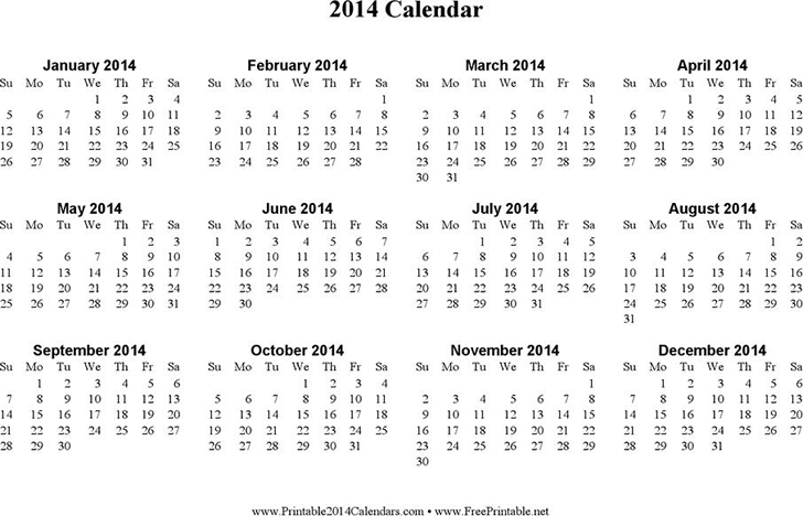 2014 Yearly Calendar Template