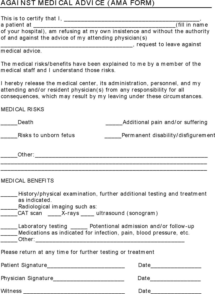 Free Against Medical Advice Ama Form Pdf 48kb 1 Page S