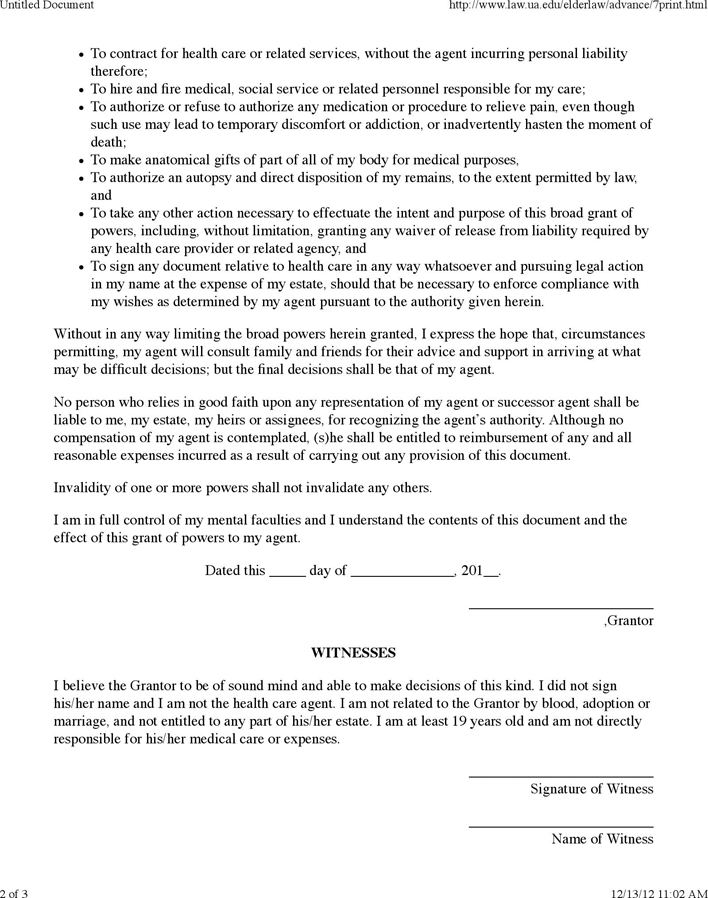 Alabama Durable Health Care Power of Attorney Form Page 2