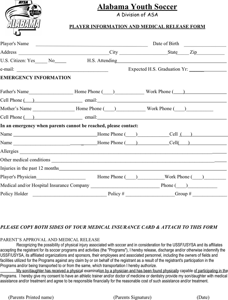 Alabama Player Medical Release Form