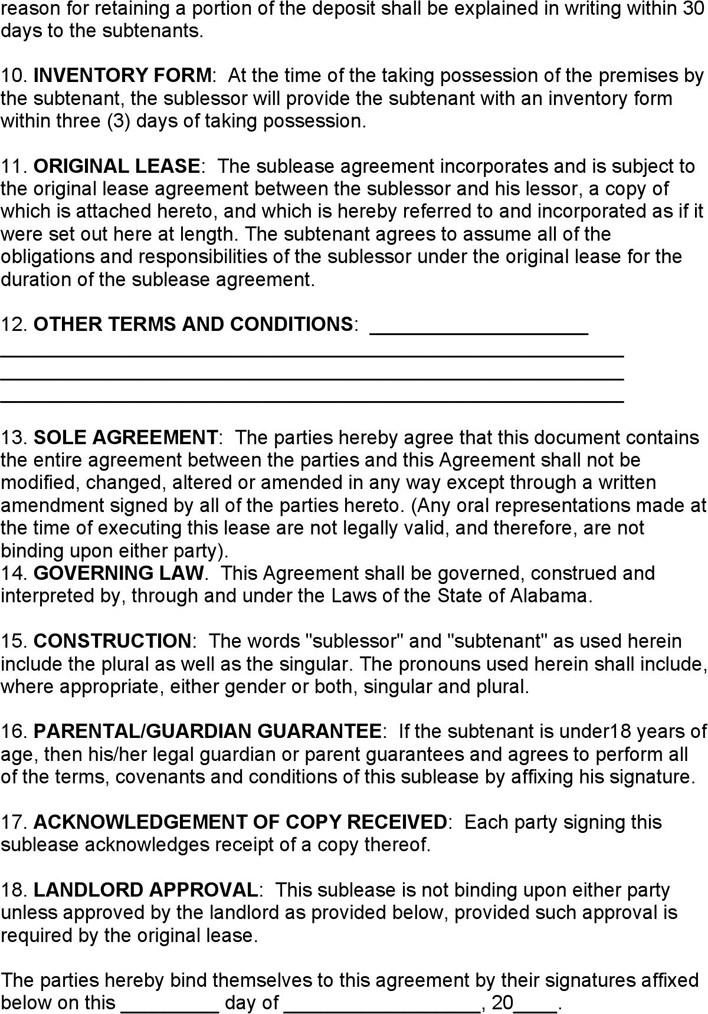 Alabama Sublease Agreement Page 2