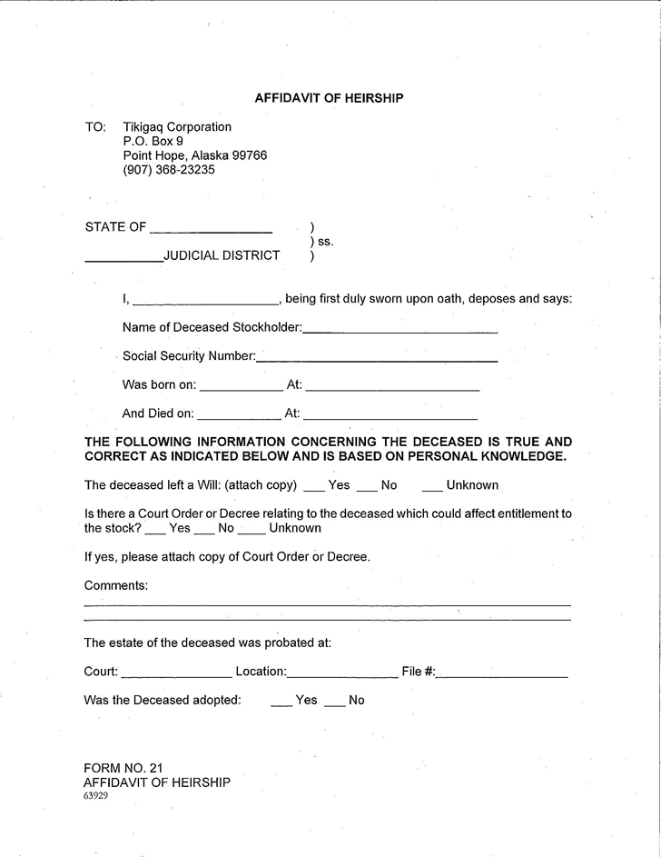 Alaska Affidavit of Heirship Form