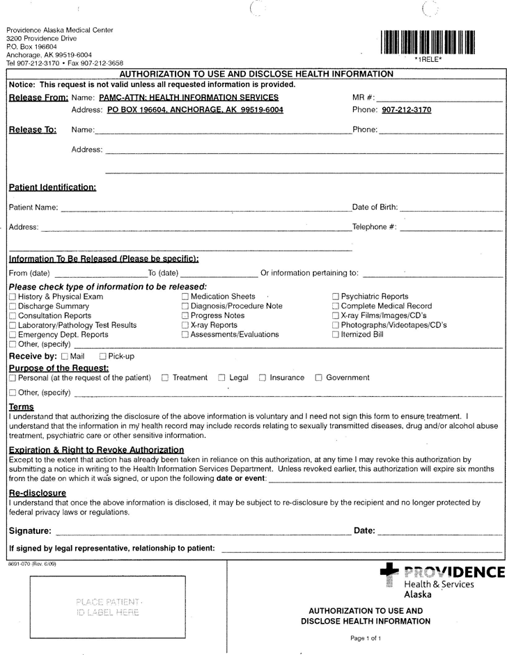Alaska Authorization to Use and Disclose Health Information Form