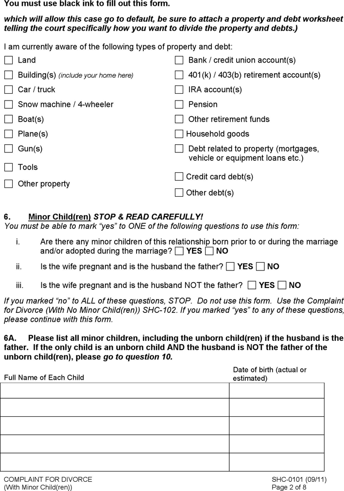 Alaska Complaint for Divorce with Minor Child(ren) Page 2