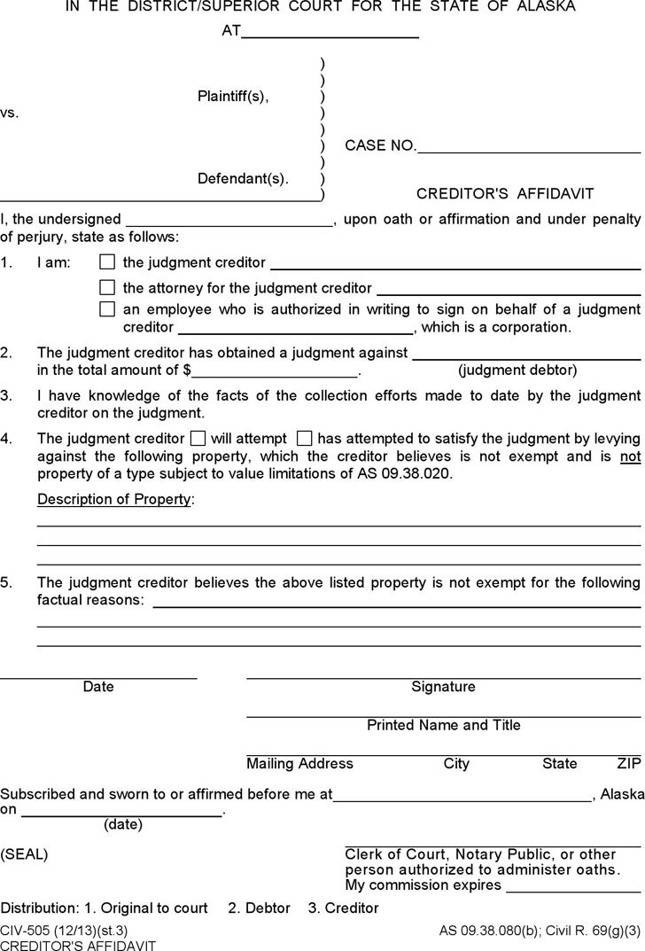 Alaska Creditor's Affidavit Form