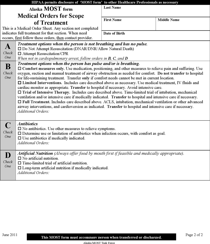 Alaska Medical Orders For Scope of Treatment (MOST) Form Page 2