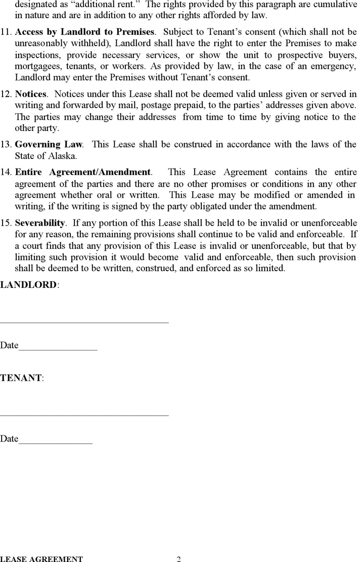 Alaska Residential Lease Agreement Form Page 2