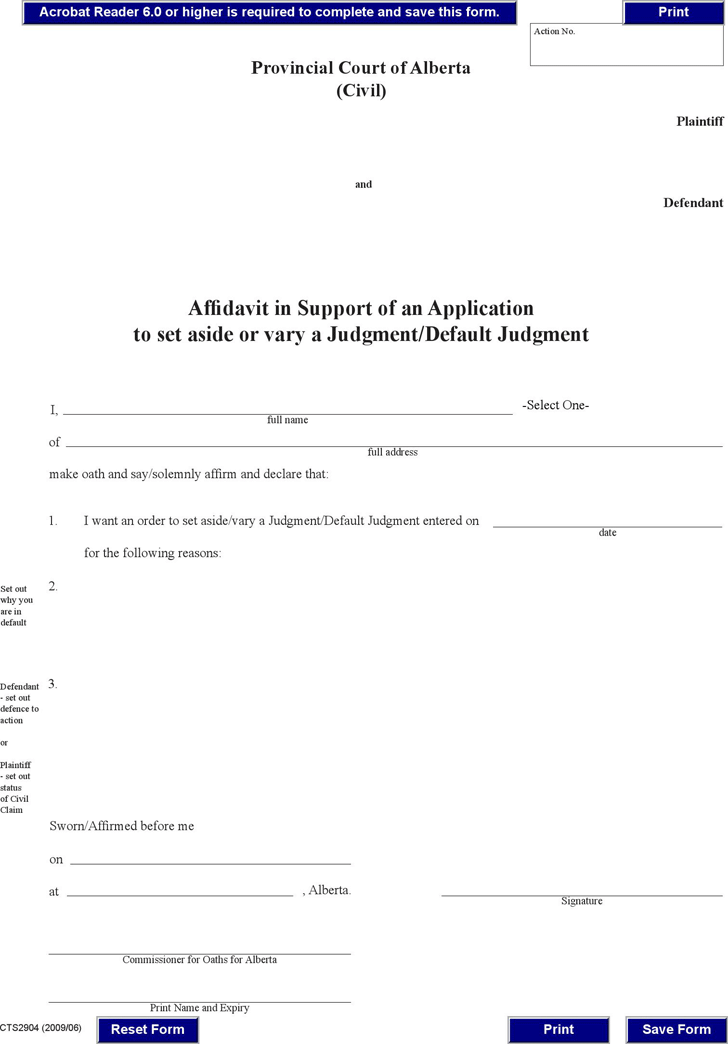 Alberta Affidavit in Support of an Application to Set Aside or Vary a Judgment/Default Judgment Form