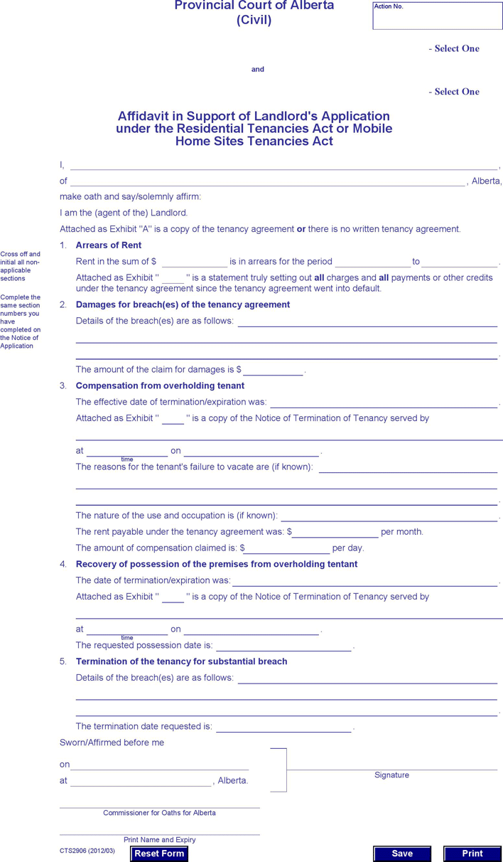 Alberta Affidavit in Support of Landlord's Application (All locations) Form Page 2