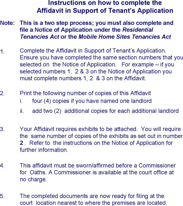 Alberta Affidavit in Support of Tenant's Application (All locations) Form