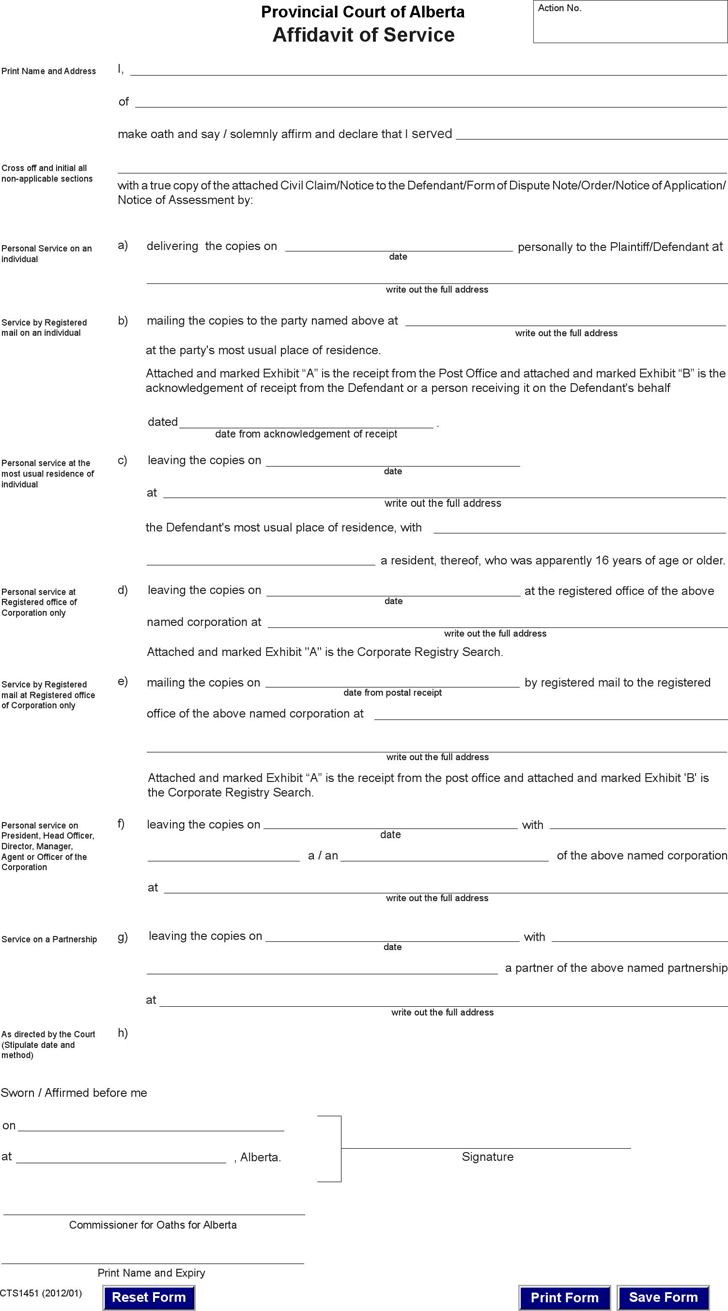 Alberta Affidavit of Service Form