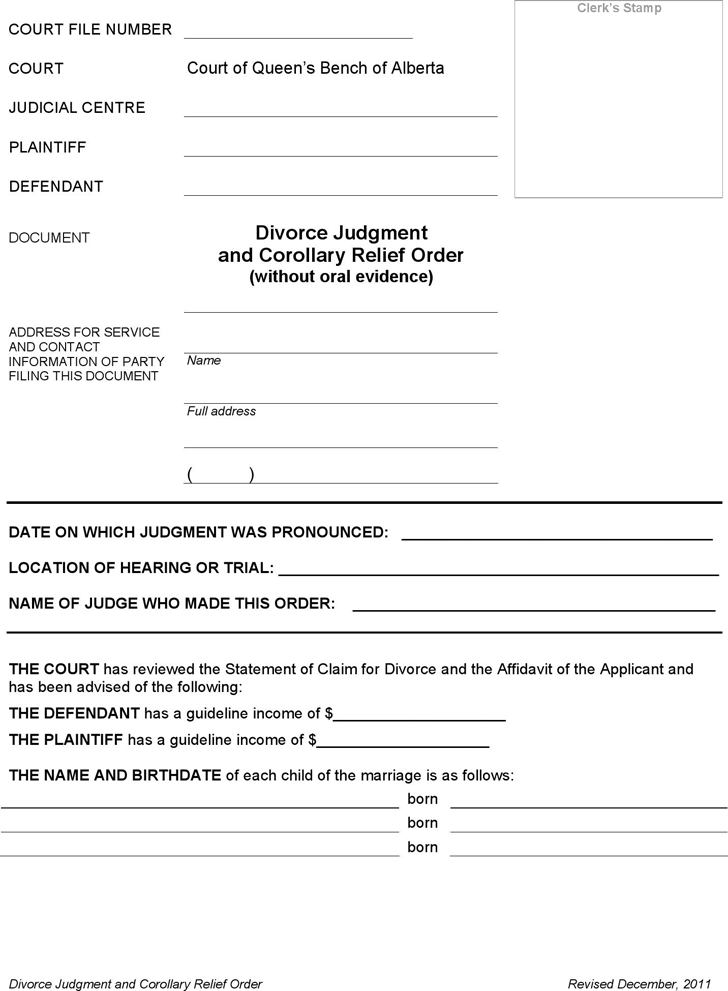 Alberta Divorce Judgment and Corollary Relief Order Form