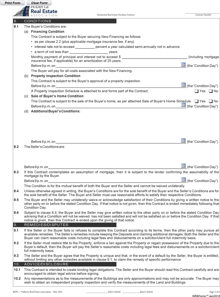 Alberta Residential Real Estate Purchase Contract Form 2 Page 4