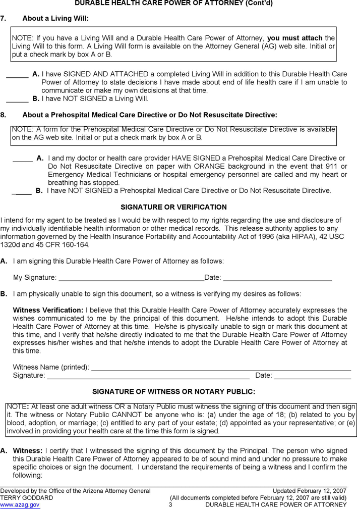 Arizona Advance Health Care Directive Form 2 Page 3
