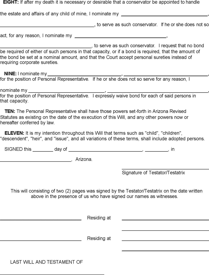 Arizona Last Will And Testament Form Page 2