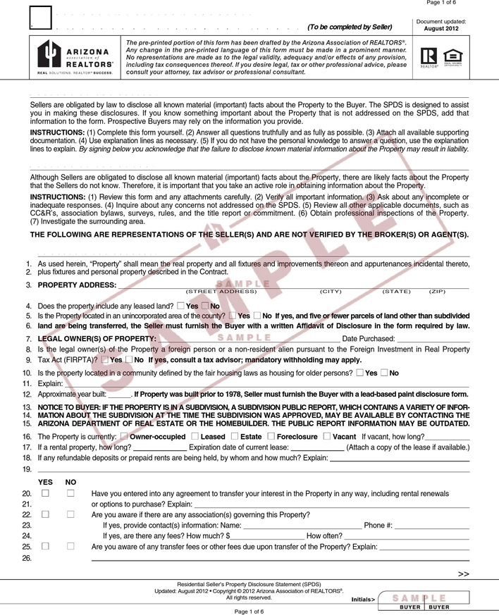 Arizona Residential Sellers Property Disclosure Statement Page 2