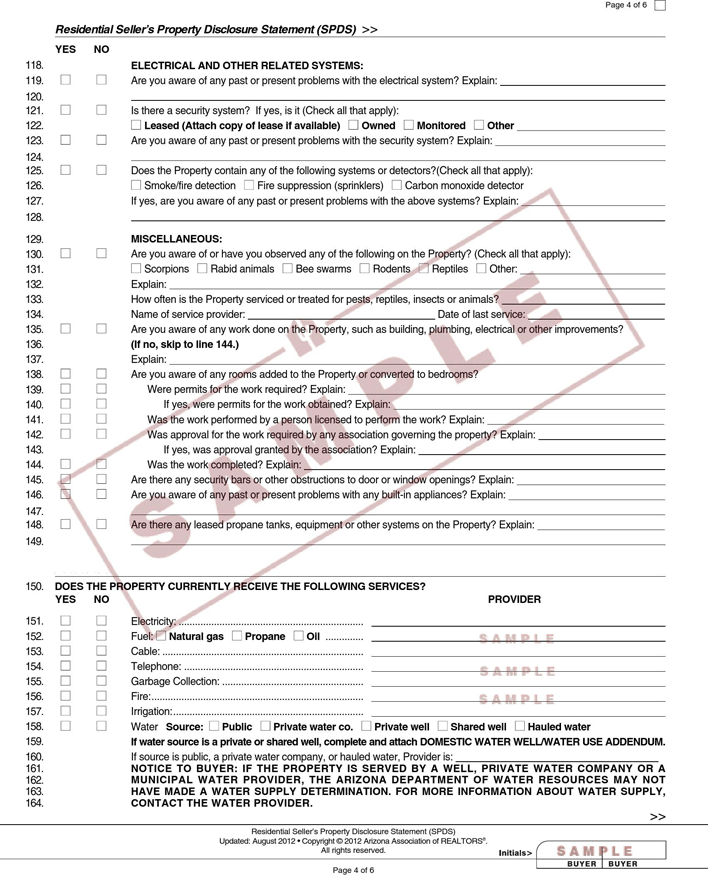 Arizona Residential Sellers Property Disclosure Statement Page 5