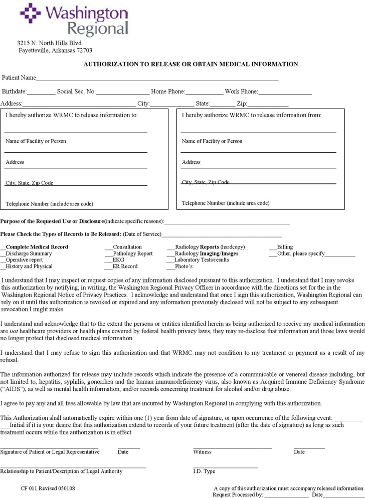 Arkansas Authorization to Release or Obtain Medical Information Form
