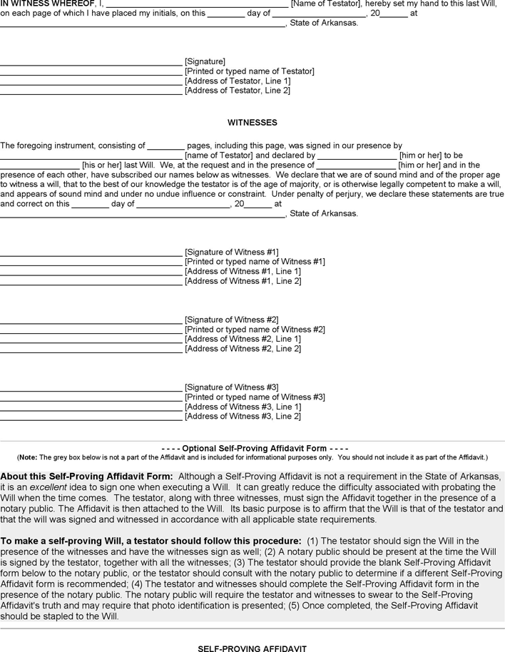 Arkansas Last Will and Testament Form Page 3