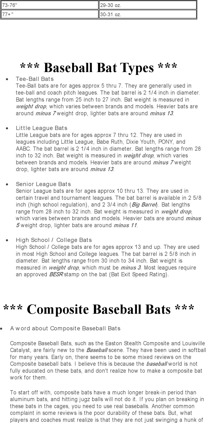 Baseball Bat Guide Sizing Chart Page 2