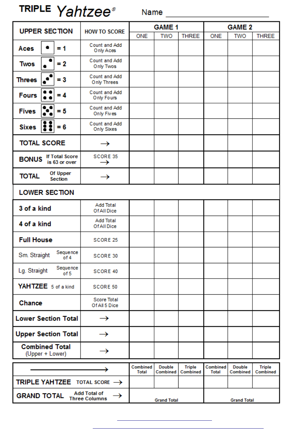 free triple yahtzee scoresheet pdf 48kb 1 pages