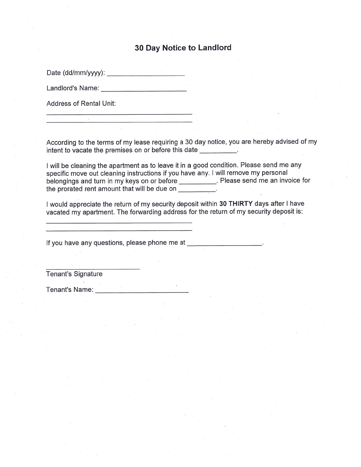 Example Of 30 Day Notice Letter To Landlord Sample Templates Images 