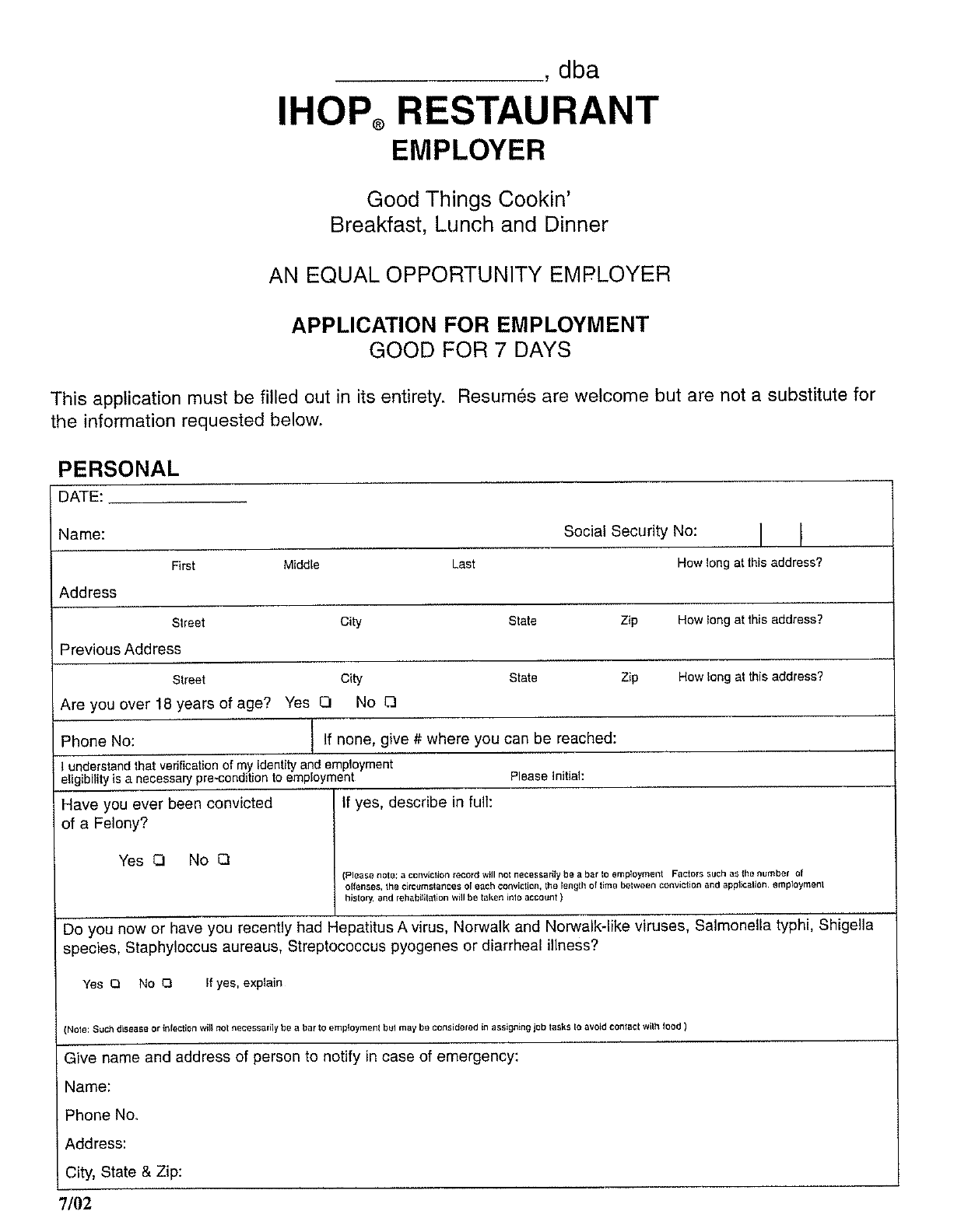 IHOP Restaurant Employer Application for Employment