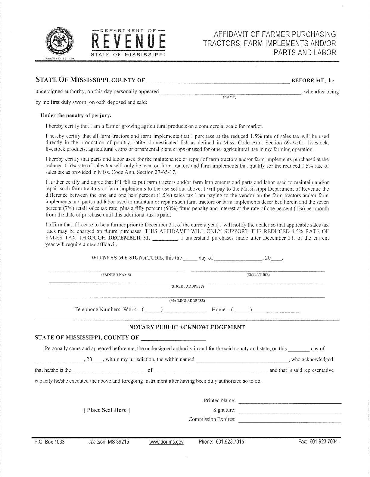 Mississippi Affidavit of Farmer Purchasing Tractors, Farm Implements and/or Parts and Labor Form