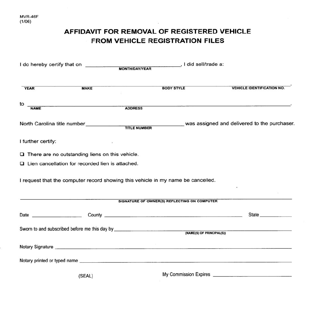 North Carolina Affidavit For Removal of Registered Vehicle From Registration Files