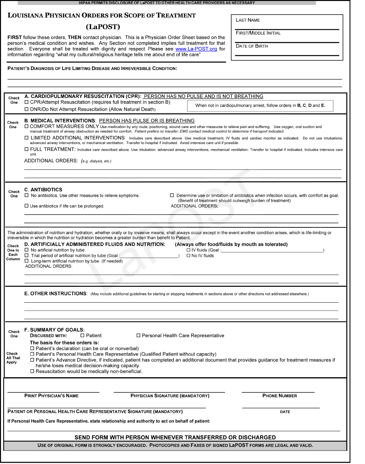 Louisiana Physician Orders For Scope of Treatment (POST) Form