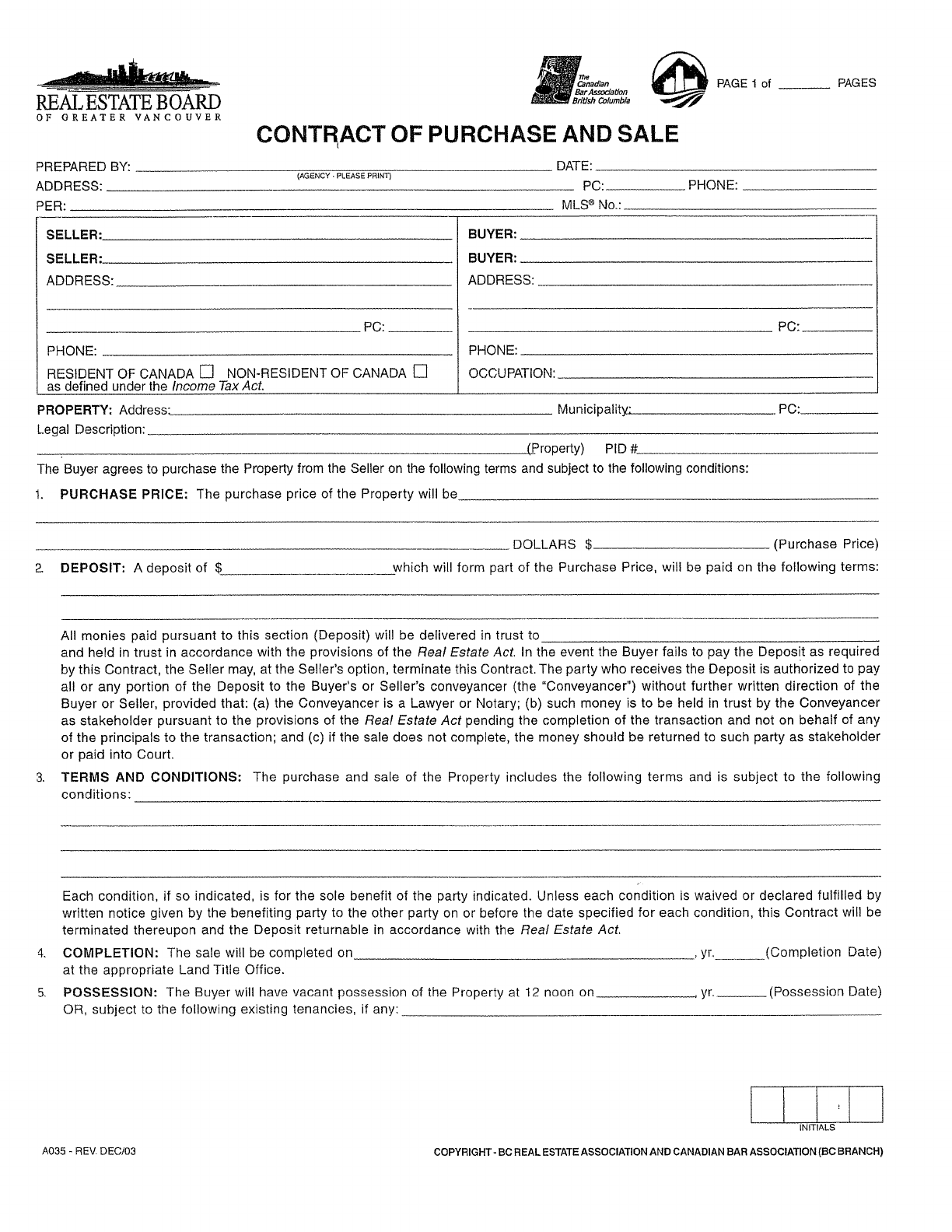 British Columbia Contract of Purchase and Sale Form 1