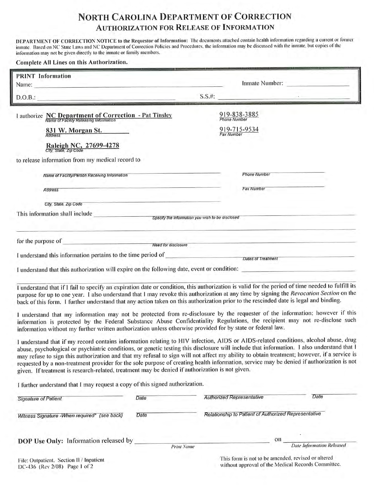 North Carolina Medical Records Release Form 1