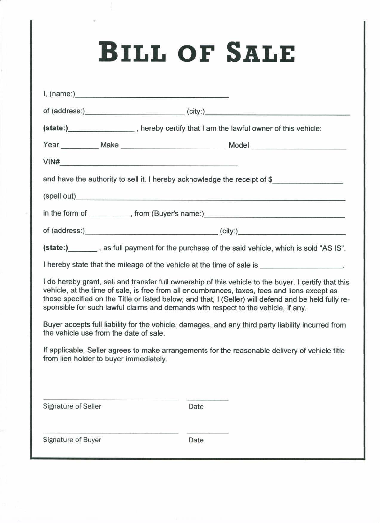 Do You Need A Bill Of Sale For A Car In Nc Free Notarized Bill Of Sale Form Word Pdf Eforms