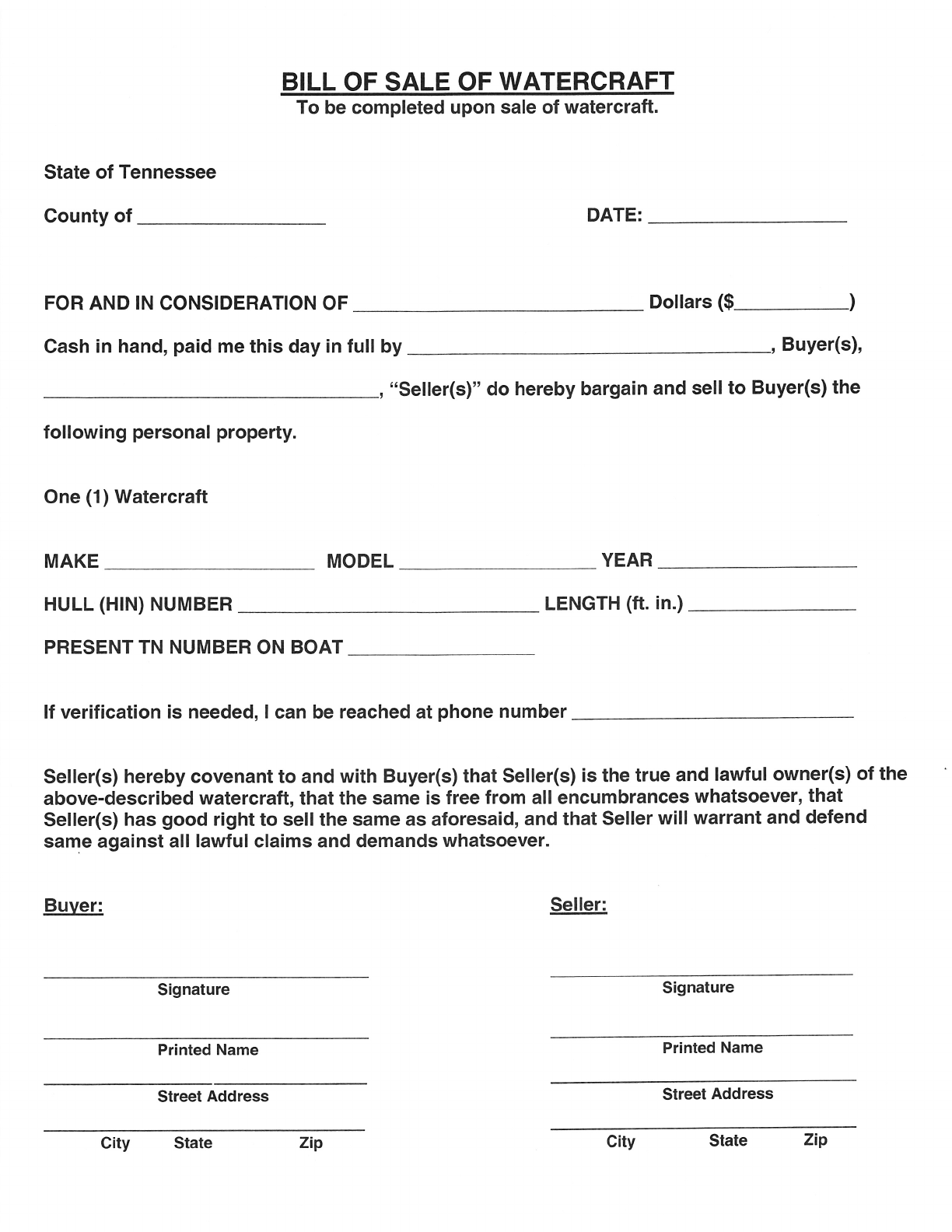 Tennessee Watercraft Bill of Sale Form