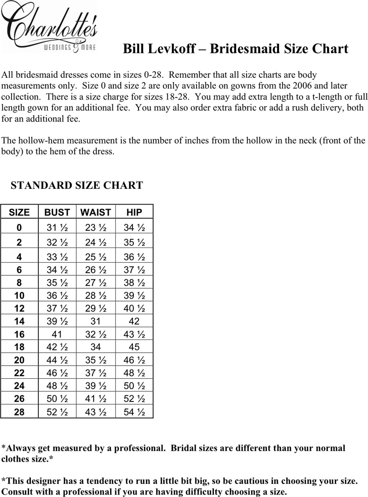 Bill Levkoff Bridesmaid Size Chart