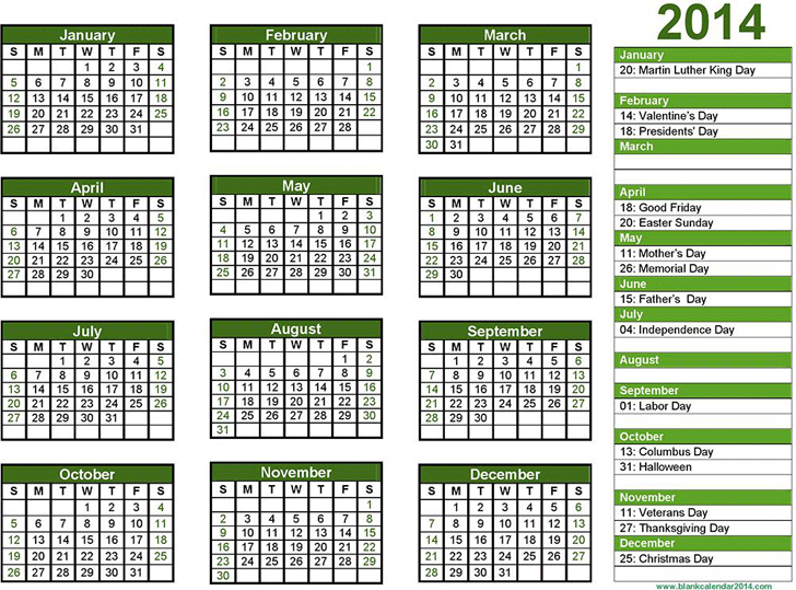 Blank Calendar 2014 Landscape