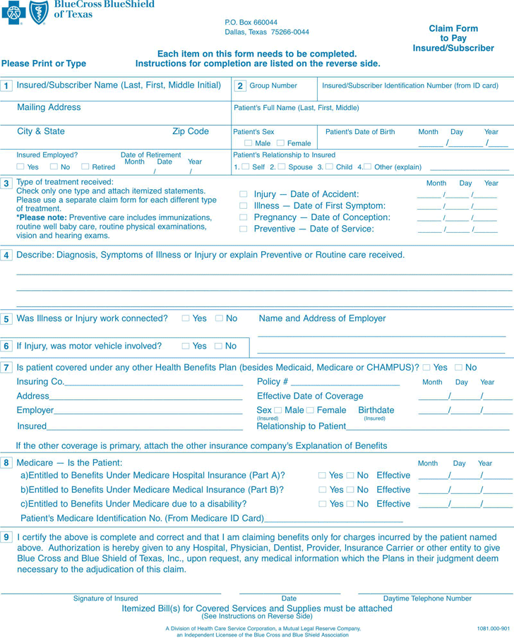 Blue Cross Blue Shield Association Medical Claim Form 1