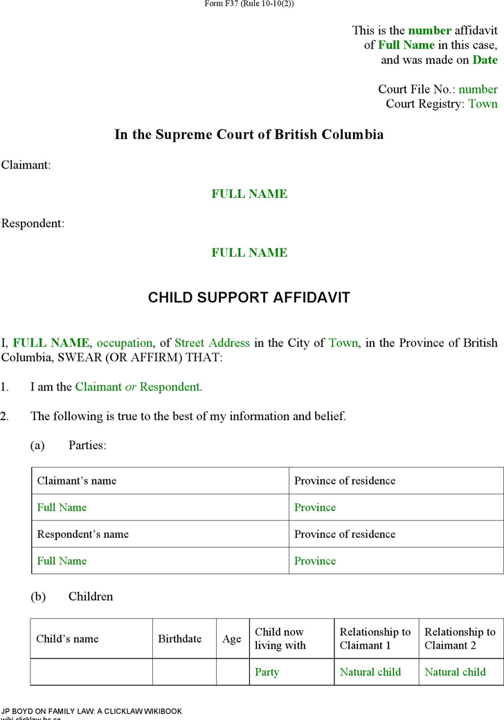 British Columbia Child Support Affidavit (Sole Claim) Form
