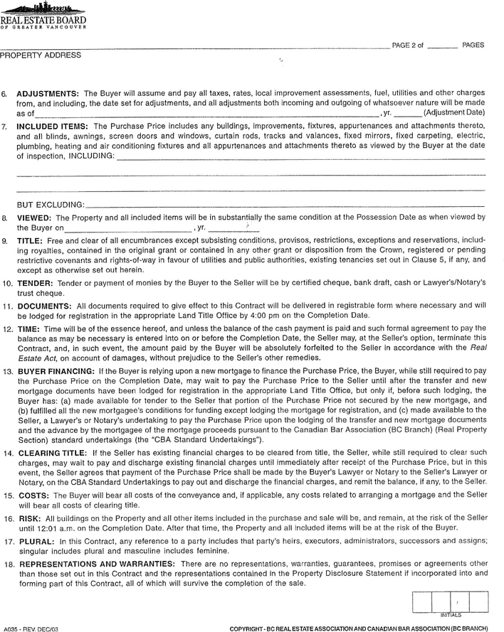 British Columbia Contract of Purchase and Sale Form 1 Page 2