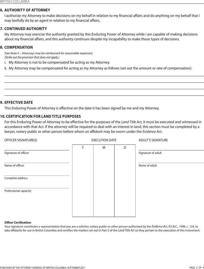 British Columbia Enduring Power of Attorney Form Page 2