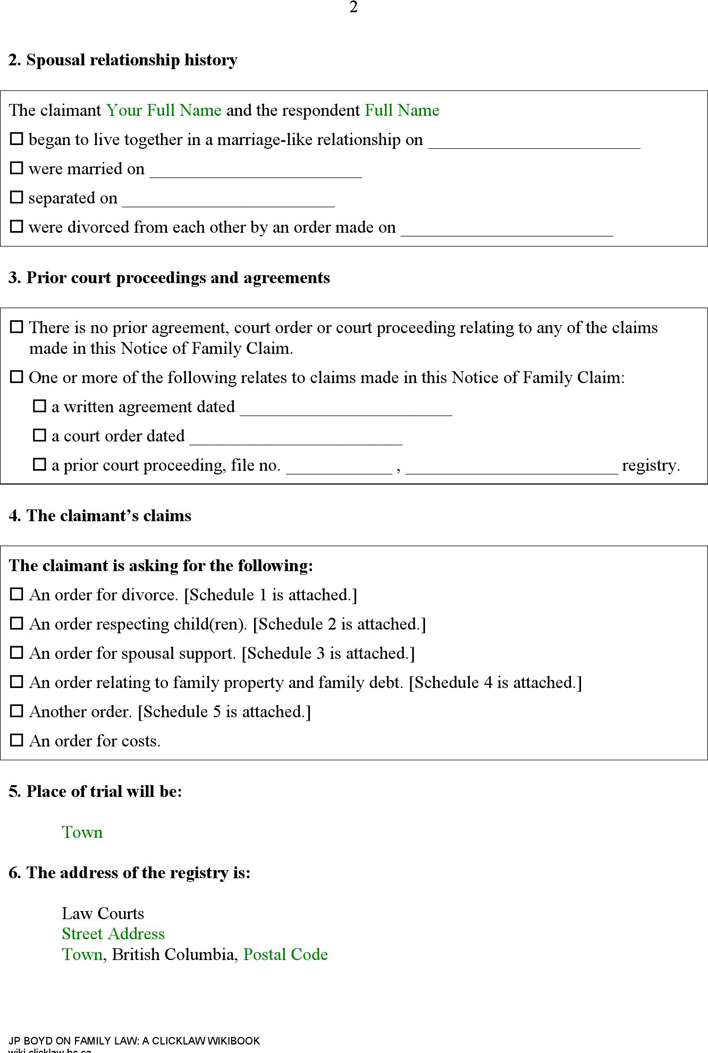 British Columbia Notice of Family Claim Form Page 2