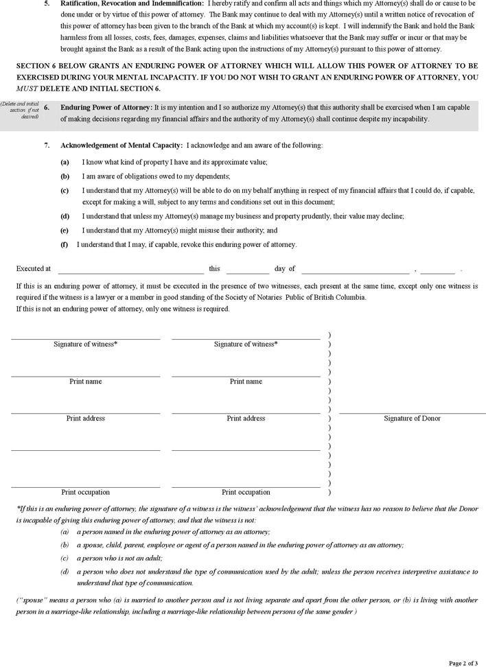 British Columbia Power of Attorney Form Page 2