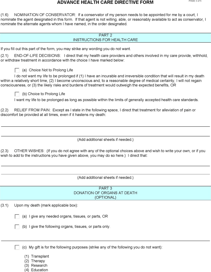 California Advance Health Care Directive Form 1 Page 3