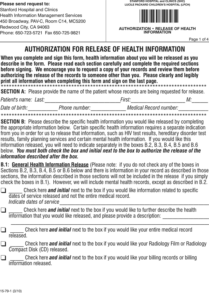 California Authorization For Release of Health Information