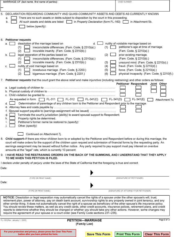 California Divorce Petition Form Page 2