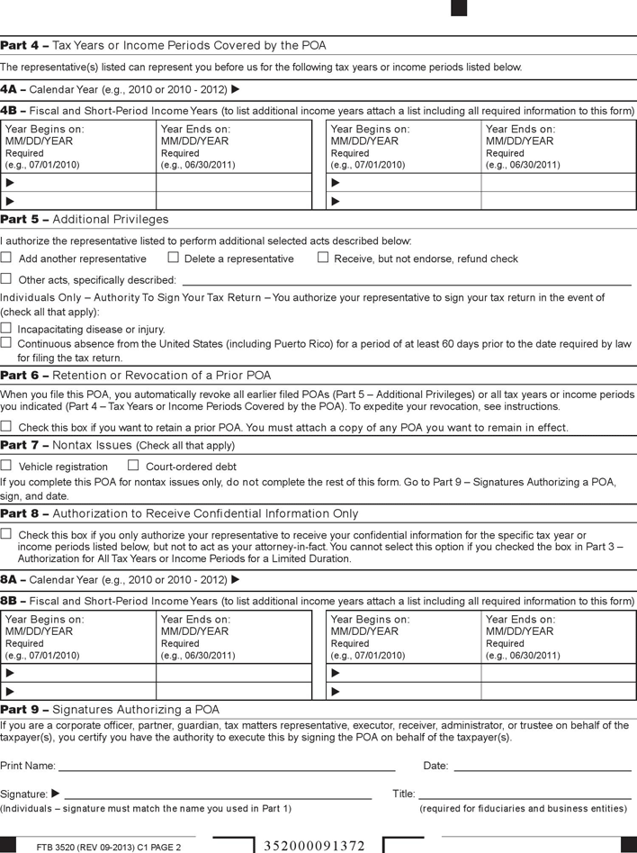 California Franchise Tax Board Power of Attorney Declaration Form Page 2