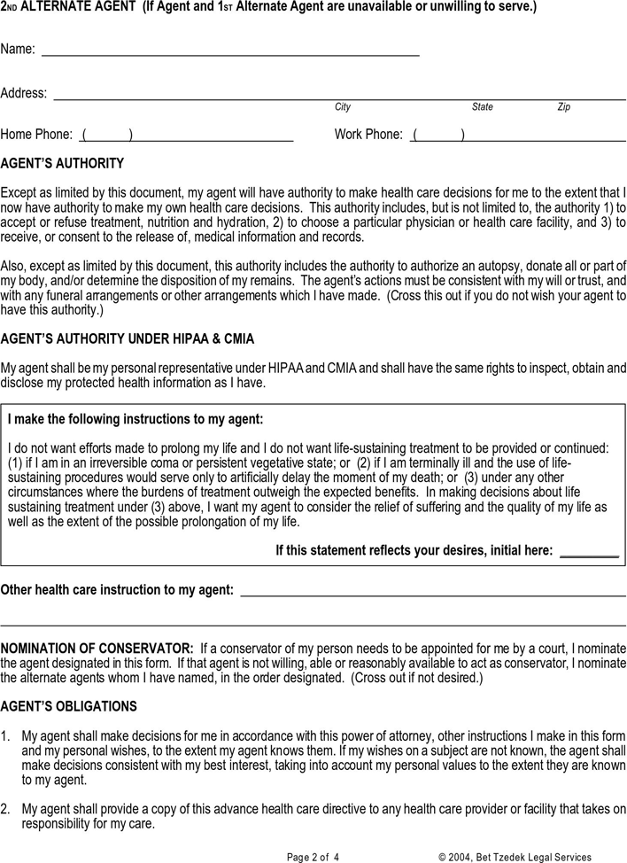 California Health Care Power of Attorney Form Page 2