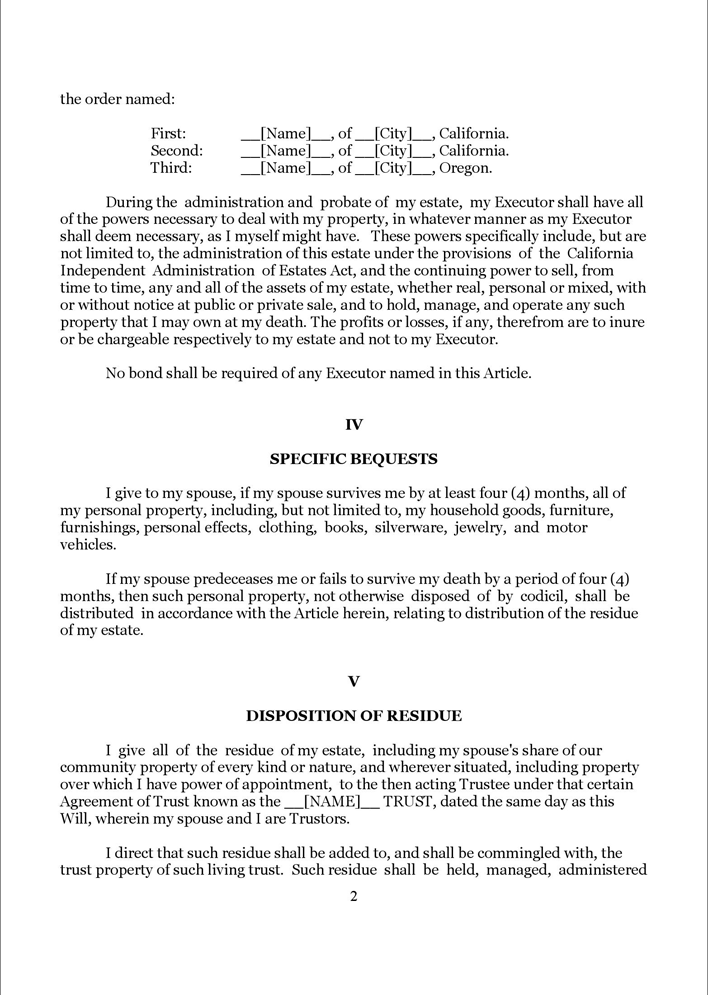 California Last Will And Testament Form 1 Page 2