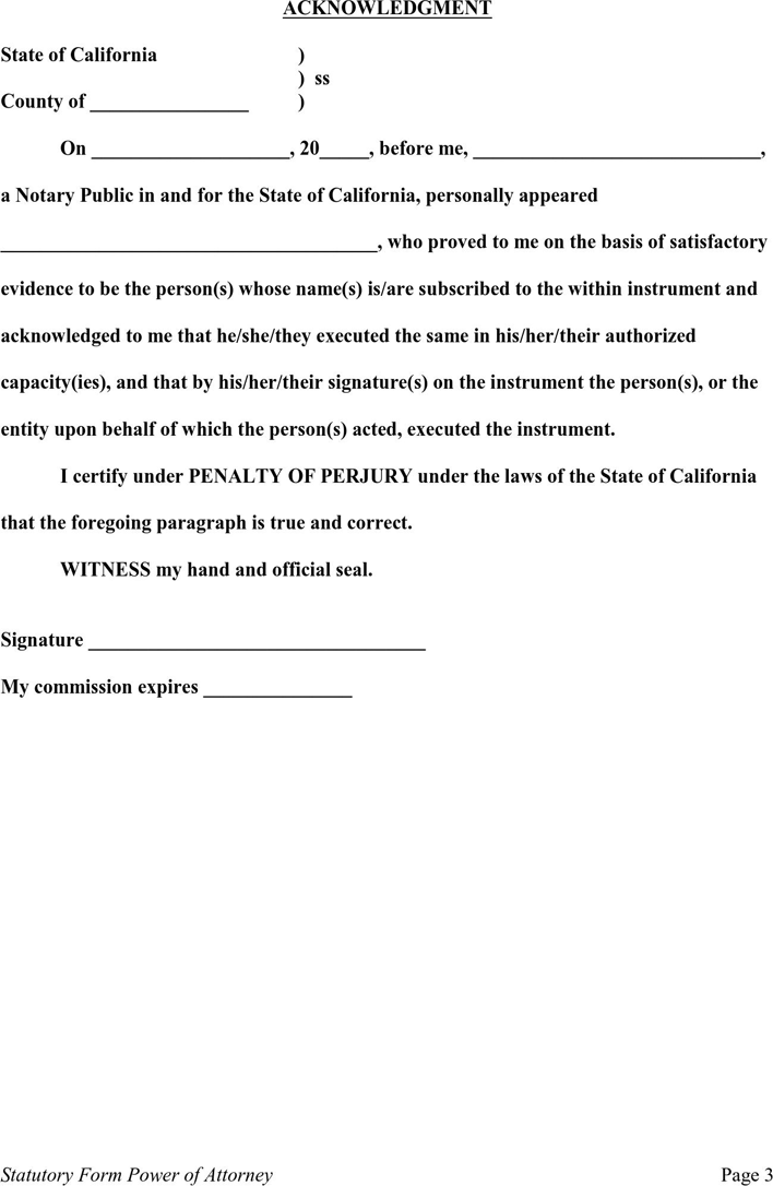 California Statutory Power of Attorney Form Page 3